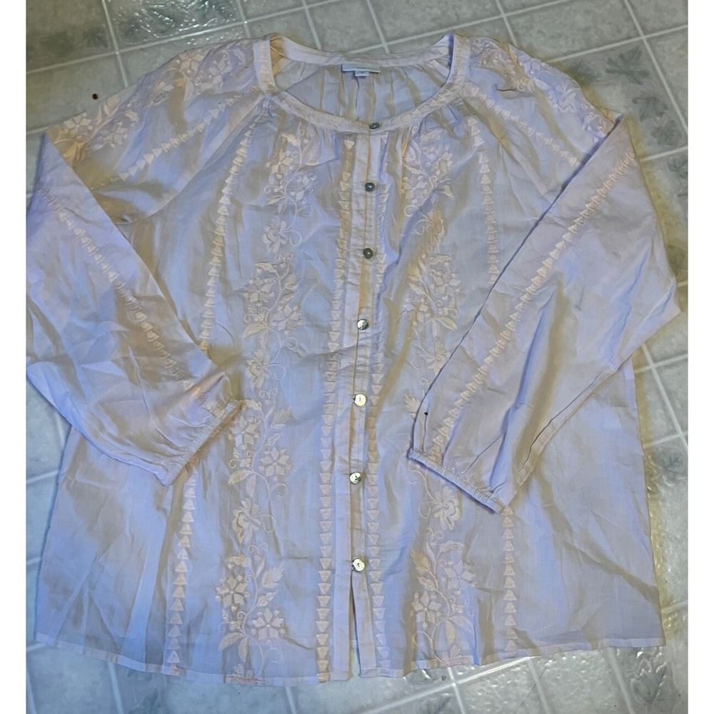 J Jill Pale Peach Boho Cottagecore Long Sleeve Button Embroidered Blouse Medium‎